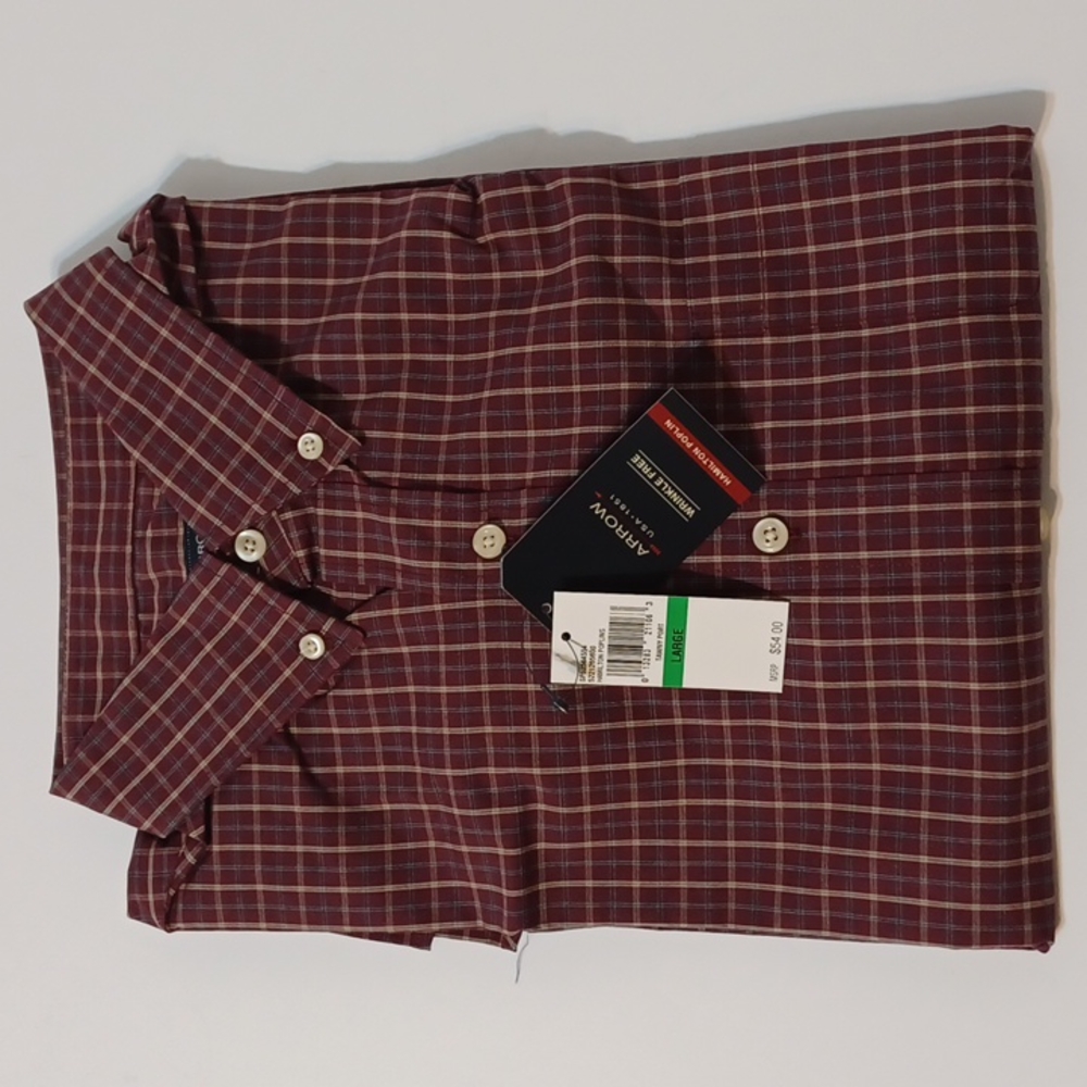 NWT Arrow USA 1851 Men's Hamilton Tawny Port Plaid Poplin Long-Sleeved Shirt